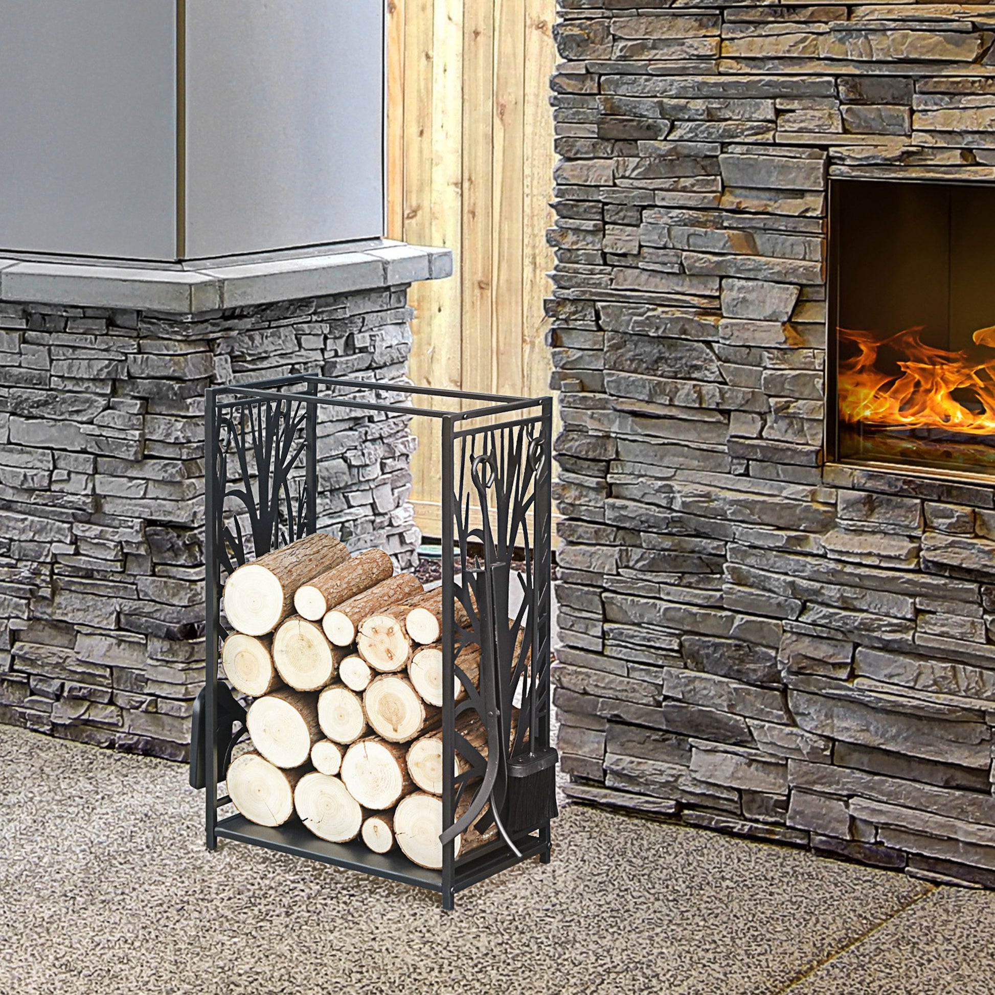 Homcom Heavy Duty Firewood Wood Log Rack Fireplace Wood Storagew/ 4 Tools