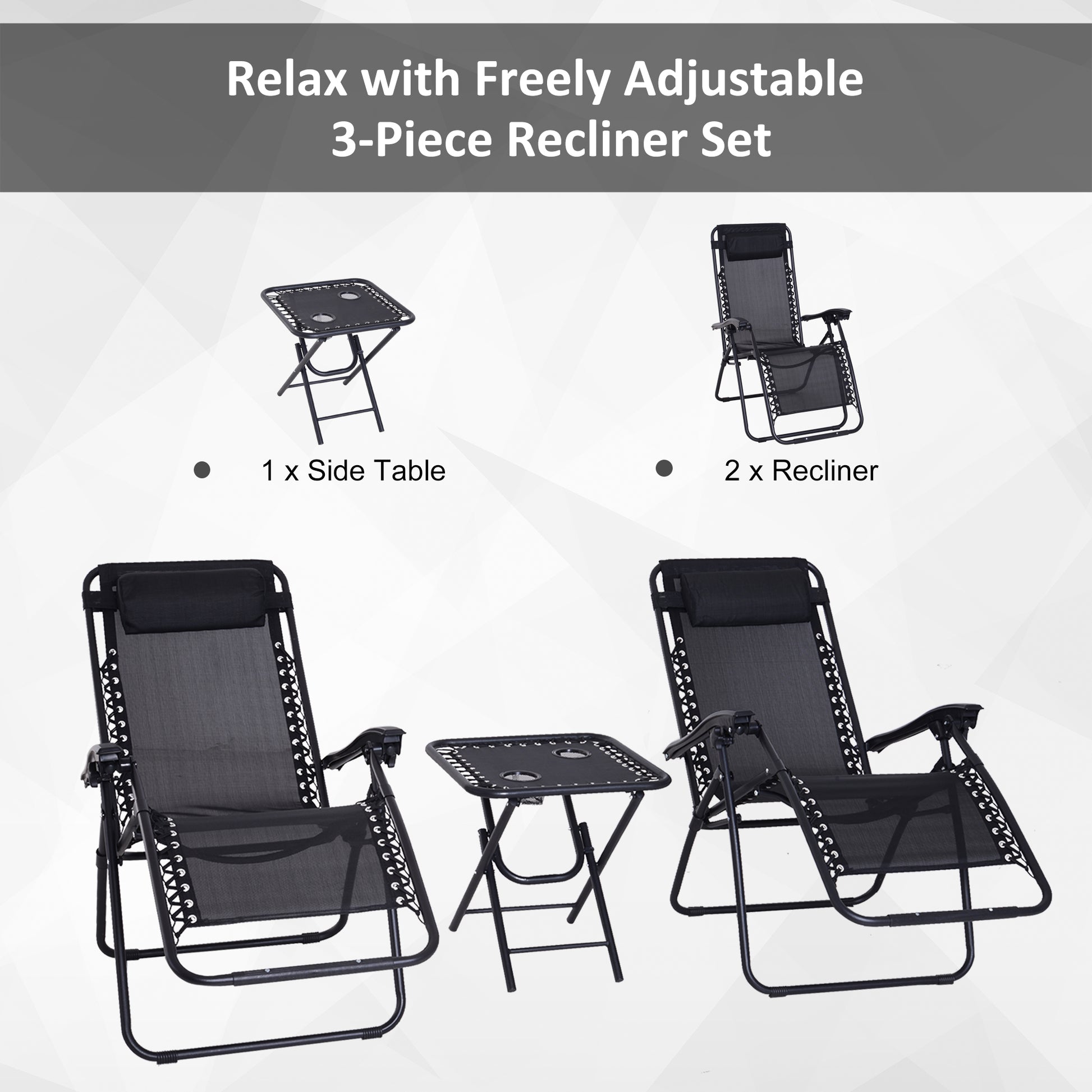 Outsunny 3pcs Folding Zero Gravity Chairs Sun Lounger Table Set w/ Cup Holders Reclining Garden Yard Pool