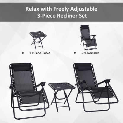 Outsunny 3pcs Folding Zero Gravity Chairs Sun Lounger Table Set w/ Cup Holders Reclining Garden Yard Pool