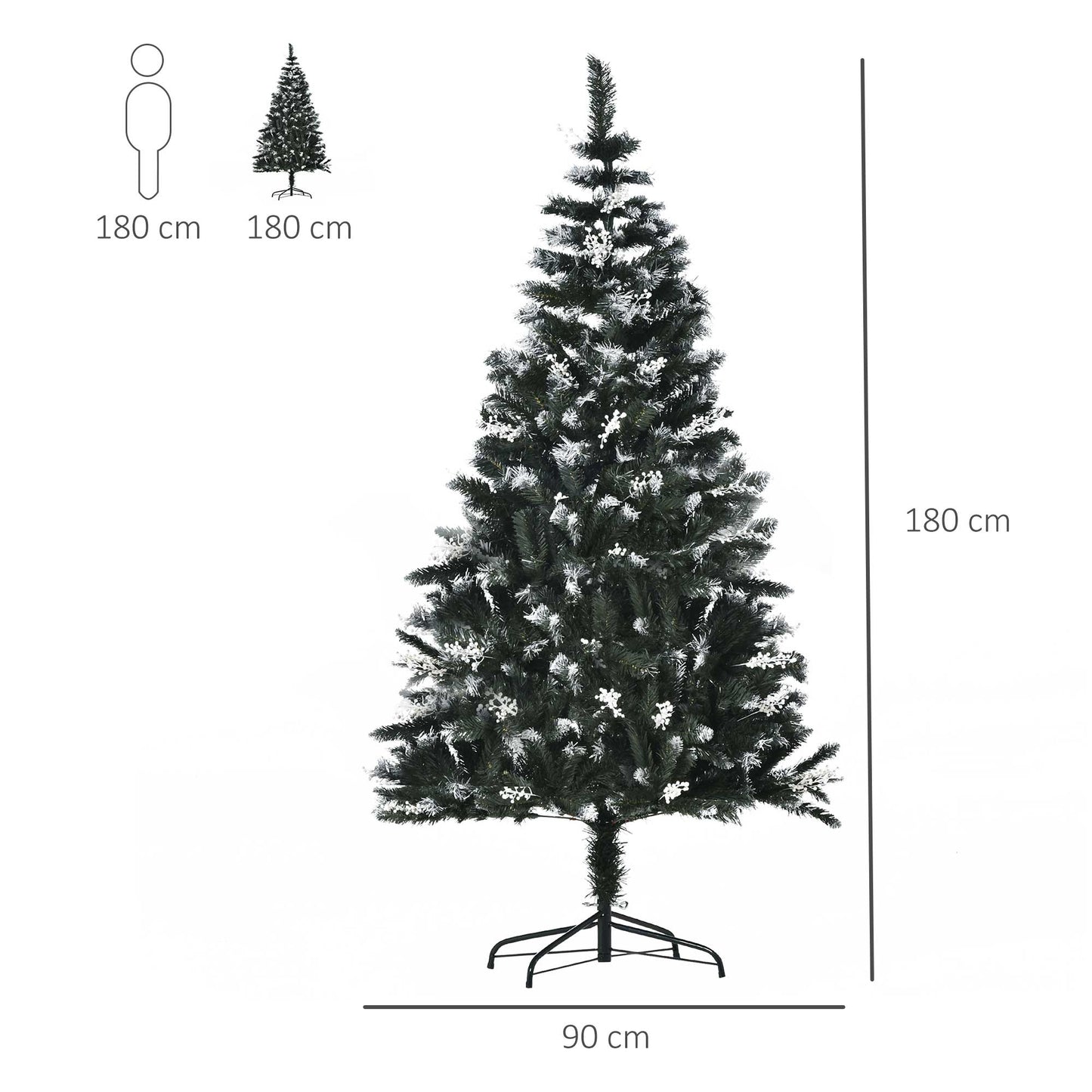 Homcom 6FT Artificial Snow-Dipped Christmas Tree Xmas Removable Stand with White Berries Star Topper Branch Green