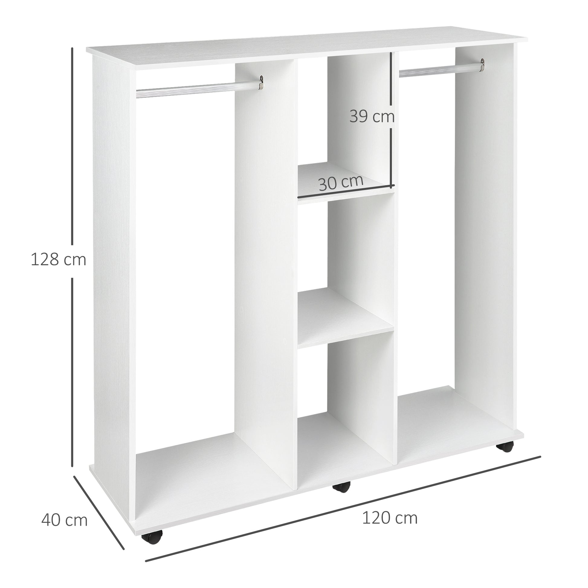 Homcom Open Wardrobe Double Mobile Storage Shelves Organizer W/6 Wheels-White