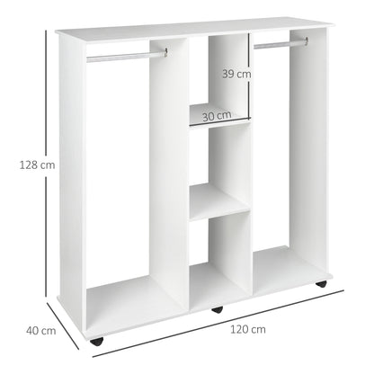 Homcom Open Wardrobe Double Mobile Storage Shelves Organizer W/6 Wheels-White