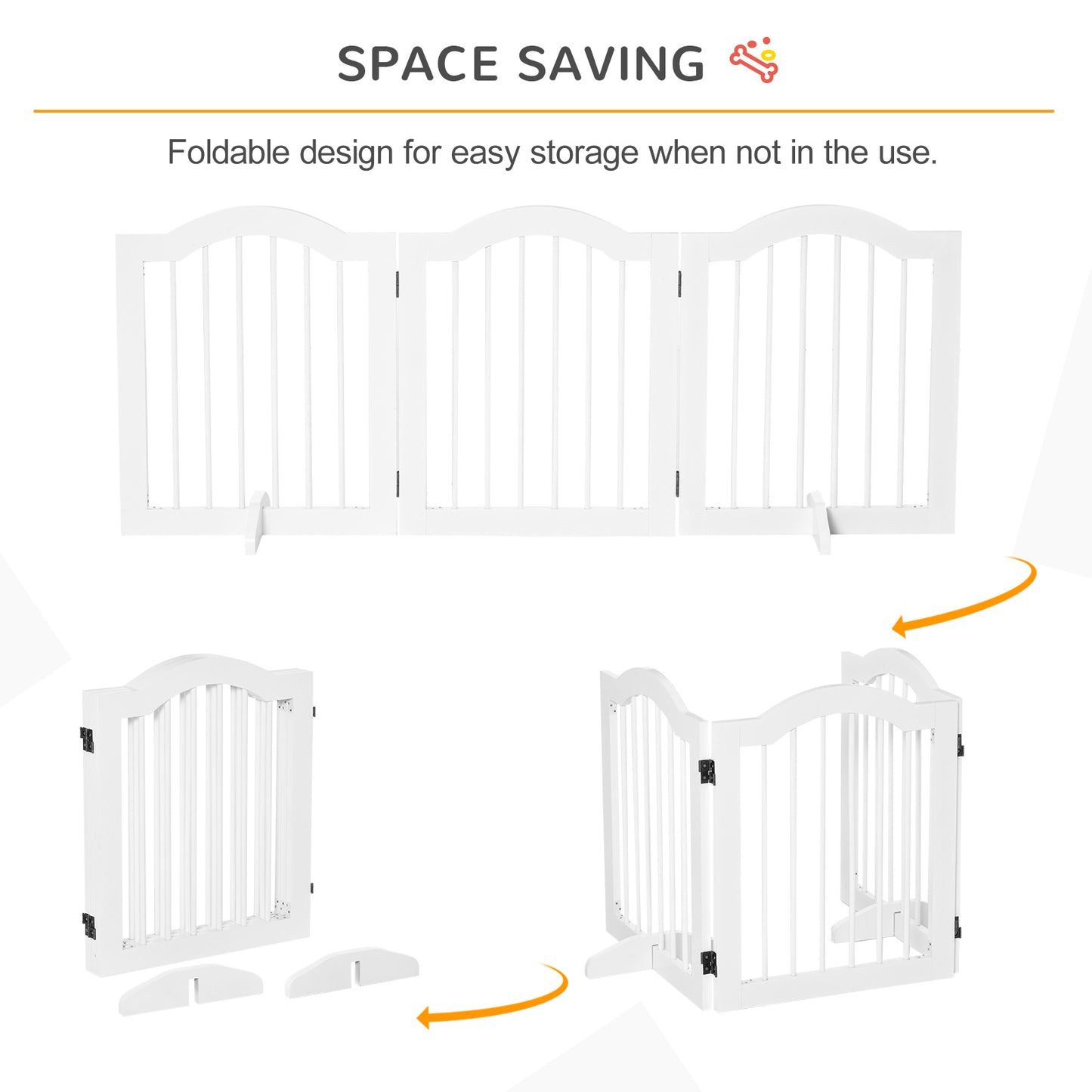 PawHut 3 Panels Dog Gate w/ Support Feet Fence Safety Barrier Freestanding Wood White