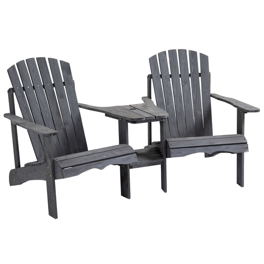 Outsunny Wooden Outdoor Double Adirondack Chairs Loveseat w/ Center Table and Umbrella Hole