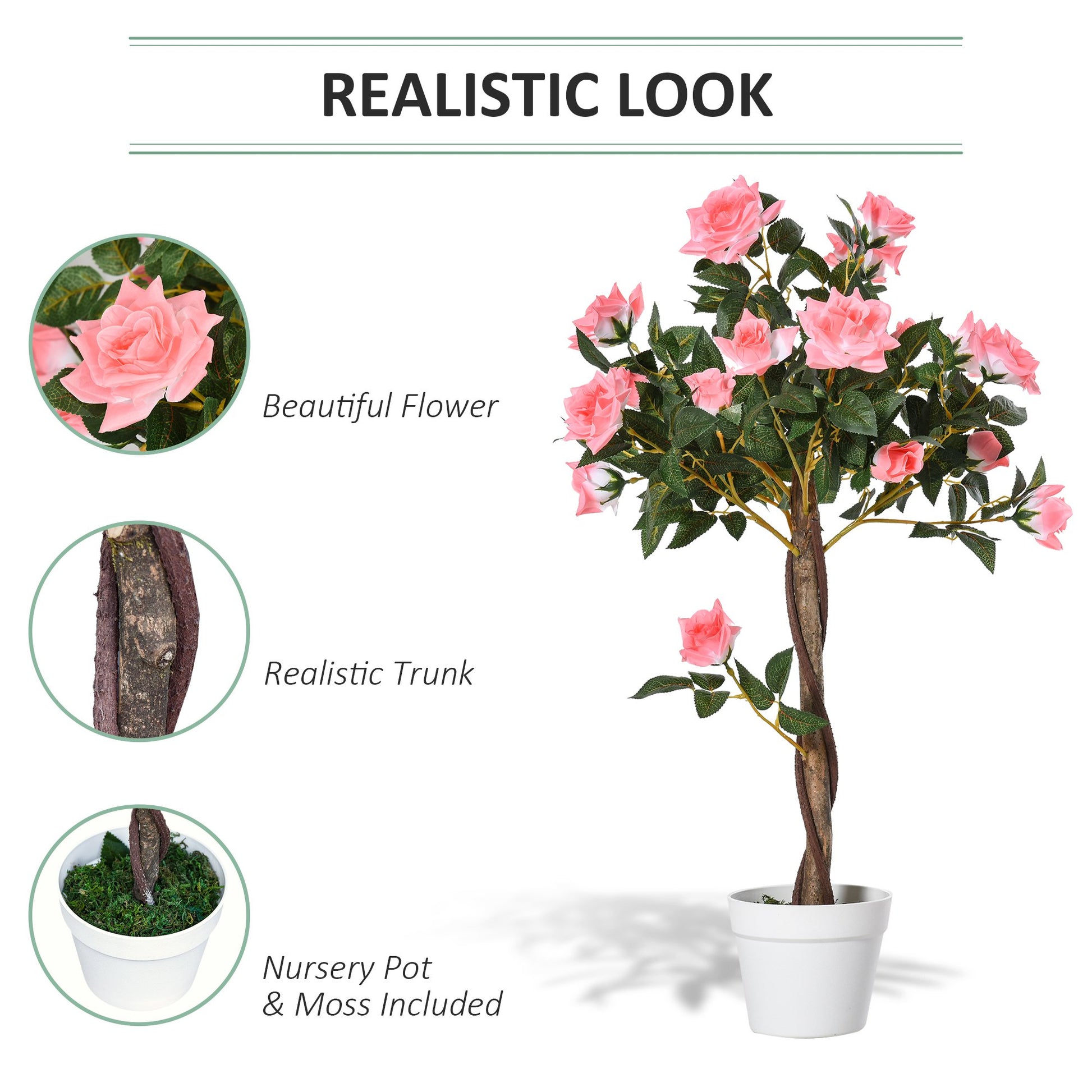 Outsunny 90cm/3FT Artificial Rose Tree Fake Decorative Plant w/ 21 Flowers Pot Indoor Outdoor Faux Decoration Home Office Décor Pink & Green