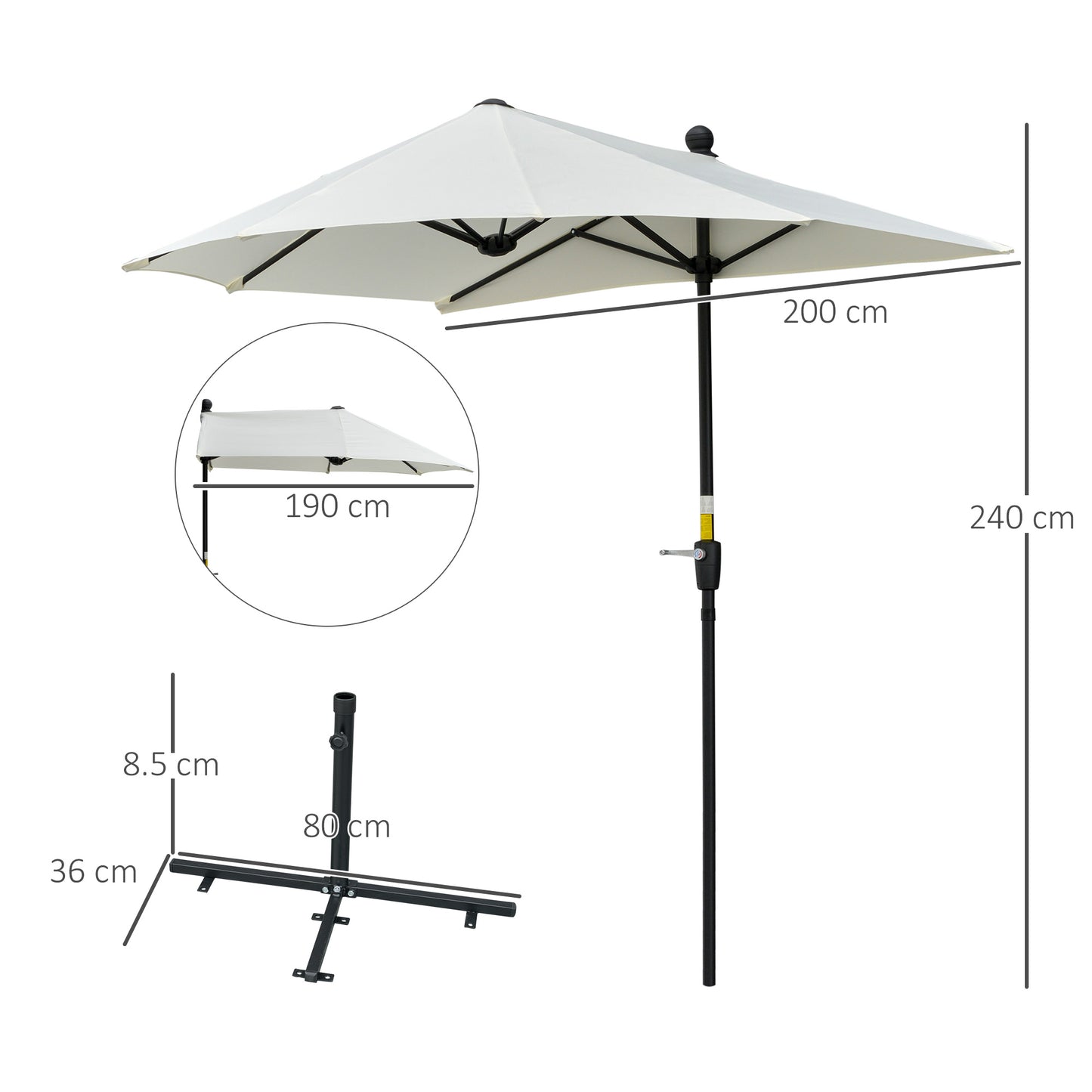 Outsunny 2m Half Parasol Market Umbrella Garden Balcony Parasol with Crank Handle