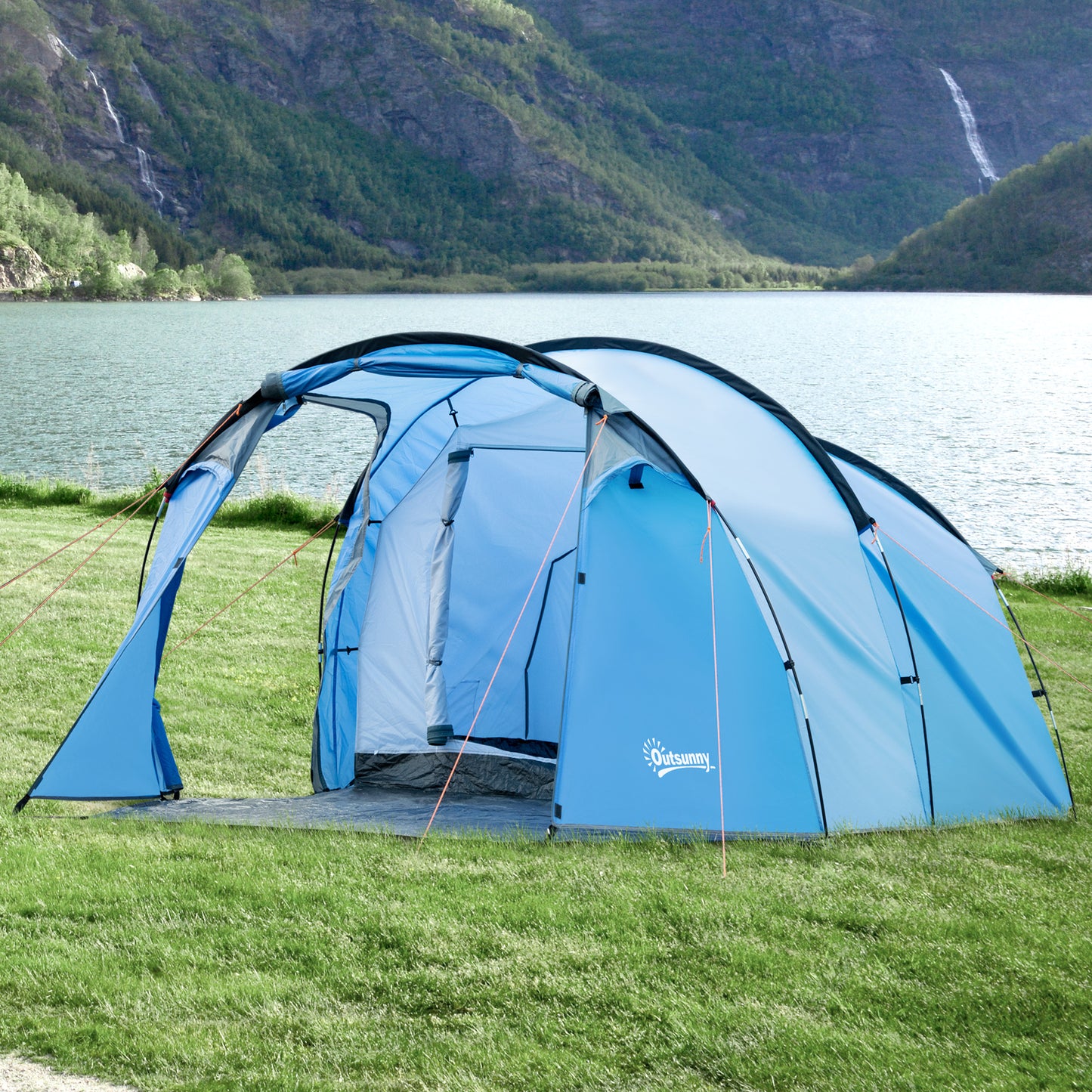 Outsunny 2-3 Man Tunnel Tents w/ Vestibule Camping Tent Porch Air Vents Rainfly Weather-Resistant Shelter Fishing Hiking Festival Shelter Home