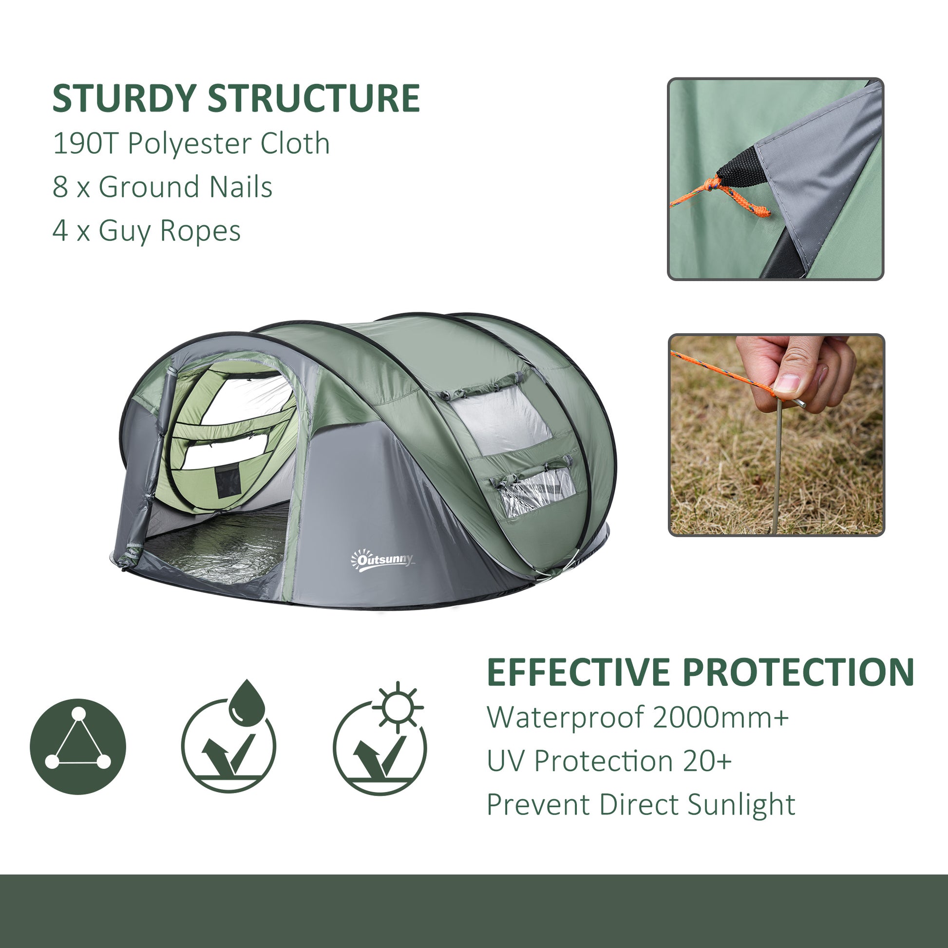 Outsunny 4-5 Person Pop-up Camping Tent Waterproof Family Tent w/ 2 Mesh Windows & PVC Windows Portable Carry Bag for Outdoor Trip Dark Green