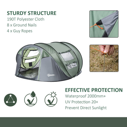 Outsunny 4-5 Person Pop-up Camping Tent Waterproof Family Tent w/ 2 Mesh Windows & PVC Windows Portable Carry Bag for Outdoor Trip Dark Green