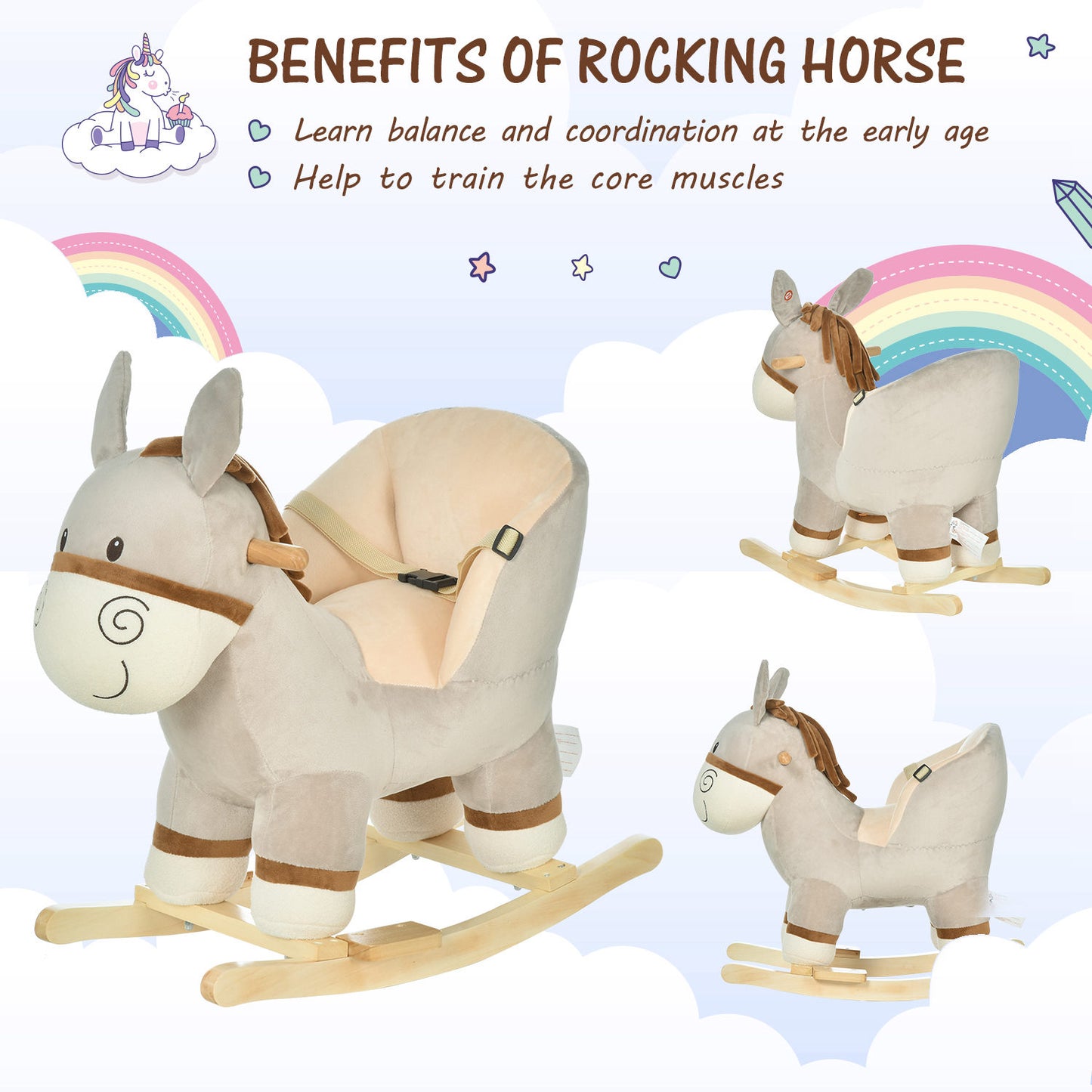 Homcom Toddlers Donkey Plush Rocking Ride On w/ Sound Grey