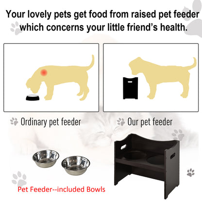 PawHut Medium-density fibreboard Elevated Duo Pet Bowl Feeder Brown