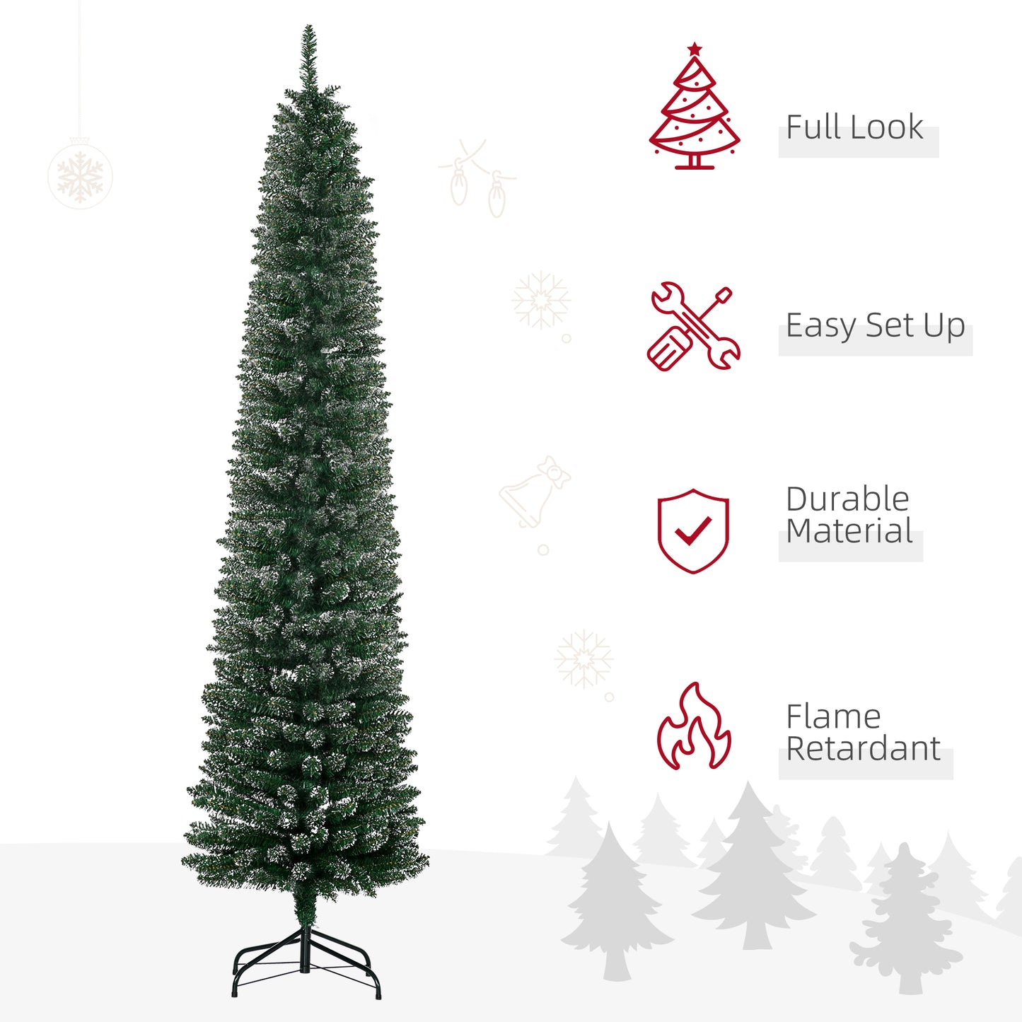 Homcom 7.5FT Artificial Snow Dipped Christmas Tree Xmas Pencil Tree Holiday Home Indoor Decoration with Foldable Black Stand