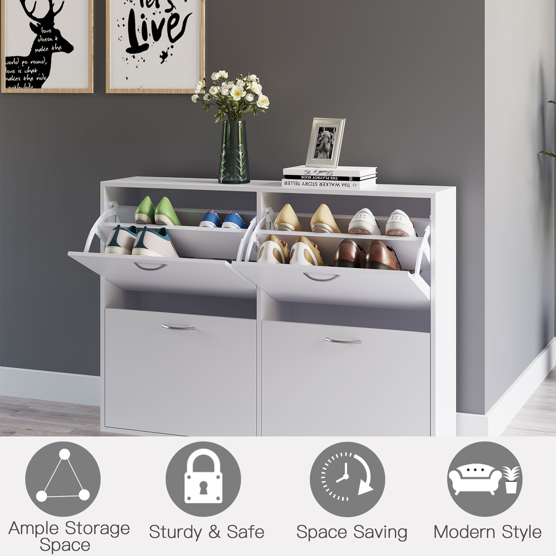 Homcom Wooden Modern Design 4 Drawer Shoes Cabinet Pull Down Shelf Storage Organiser - White