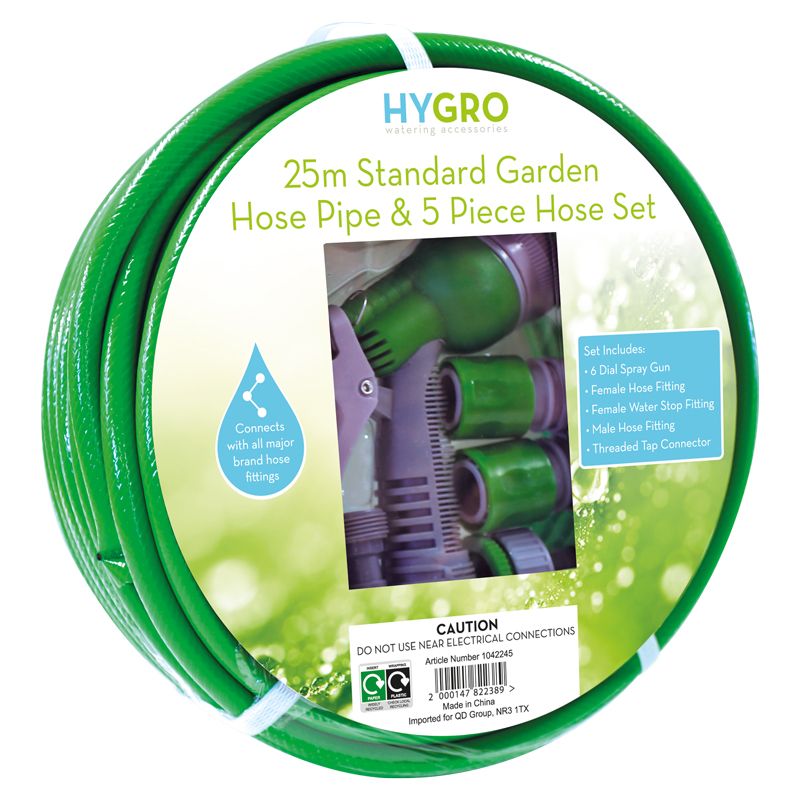 25m Standard Garden Hosepipe & 5 Piece Hose Set