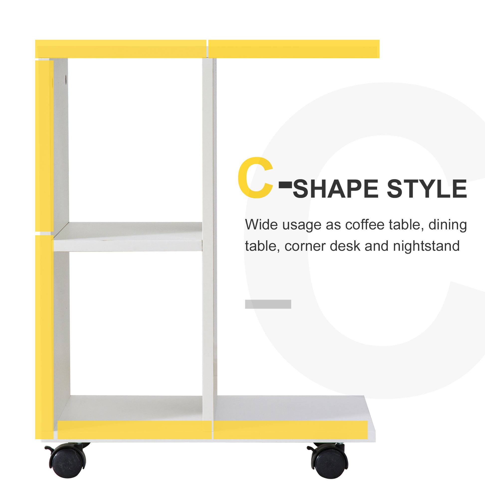 Homcom C Shape End Table Unique Storage Unit W 2 Shelves 4 Wheels Freestanding Home Office Furniture Cabinet Square Studio White