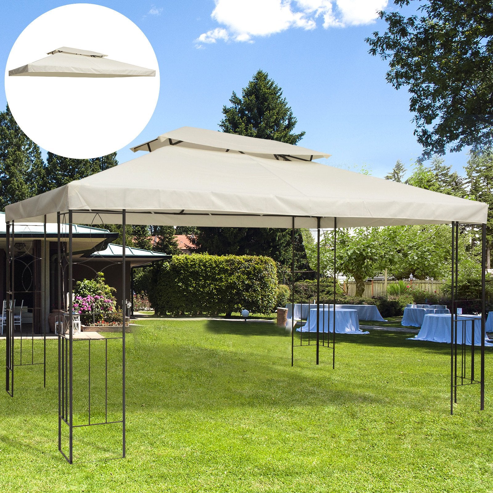 Outsunny 3x4m Gazebo Replacement Roof Canopy 2 Tier Top UV Cover Garden Patio Outdoor Sun Awning Shelters Cream (TOP COVER ONLY)