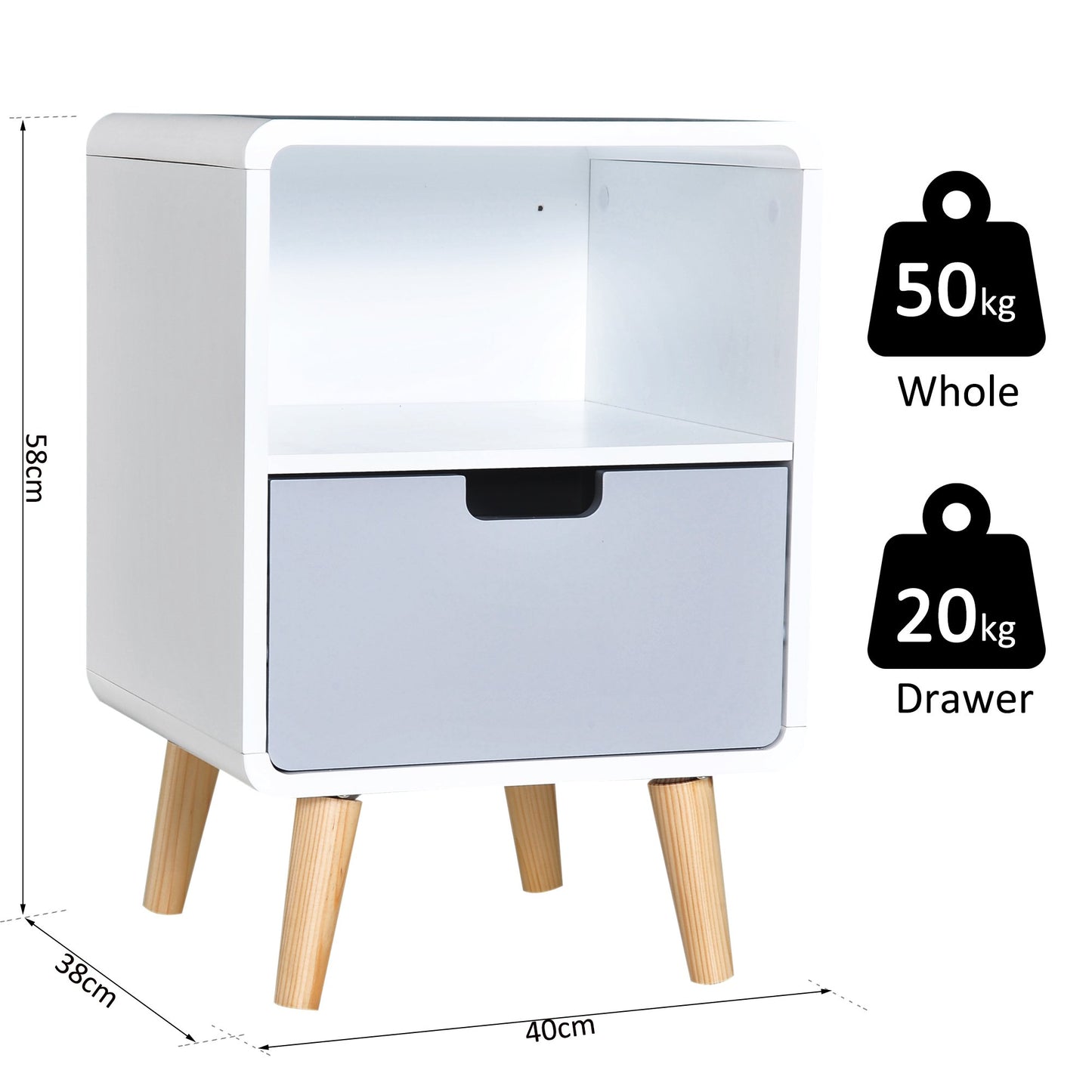 Homcom Scandinavian Style Bedside Table 40Lx38Wx58H cm-White/Grey/Natural Wood Colour