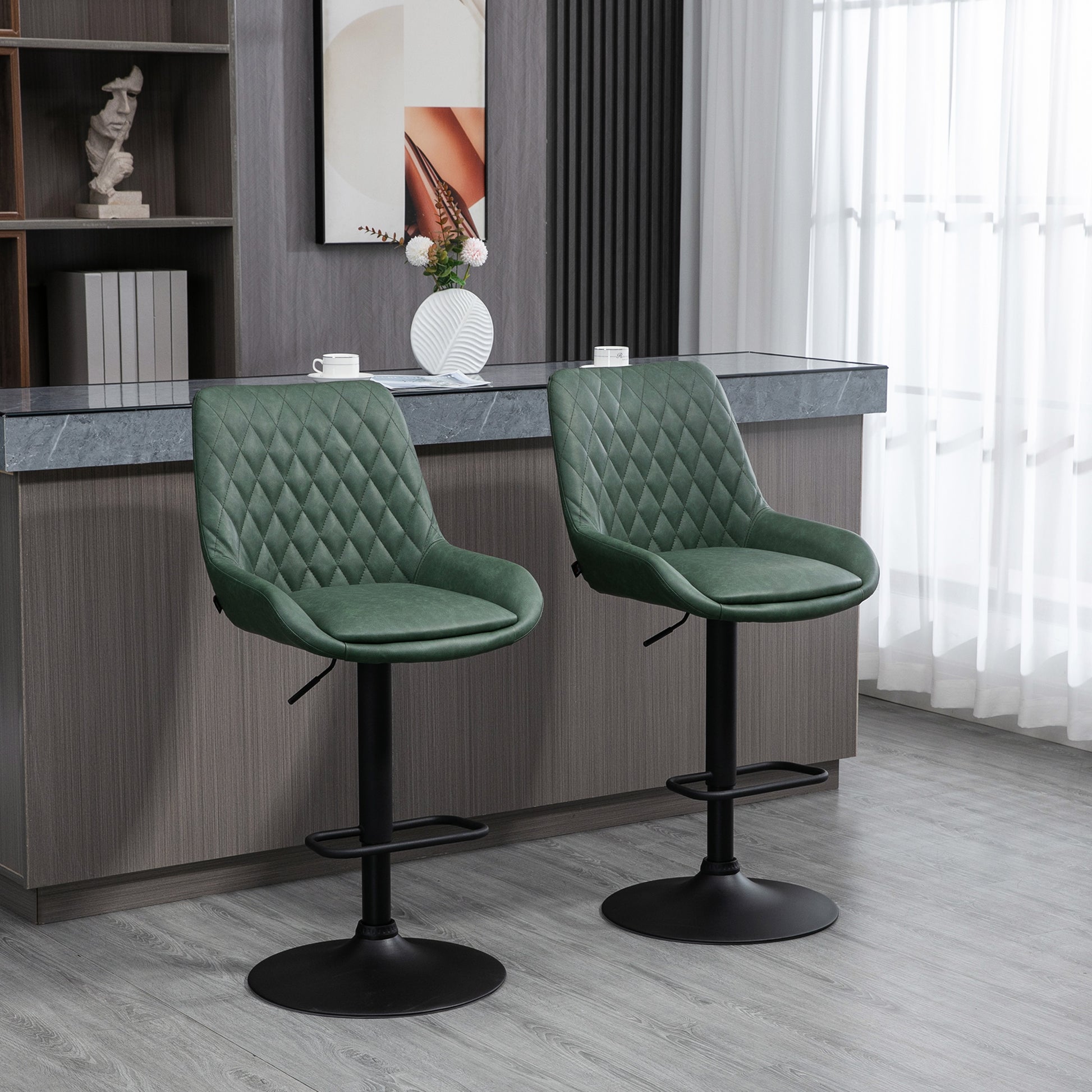 Homcom Retro Bar Stools Set Of 2 Adjustable Kitchen Stool Upholstered Bar Chairs With Back Swivel Seat Dark Green