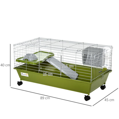 PawHut Small Animal Cage Rabbit Guinea Pigs Chinchillas Cage w/ Wheels Water Bottle Food Dish Platform Ramp 89 x 44 x 43 cm Green