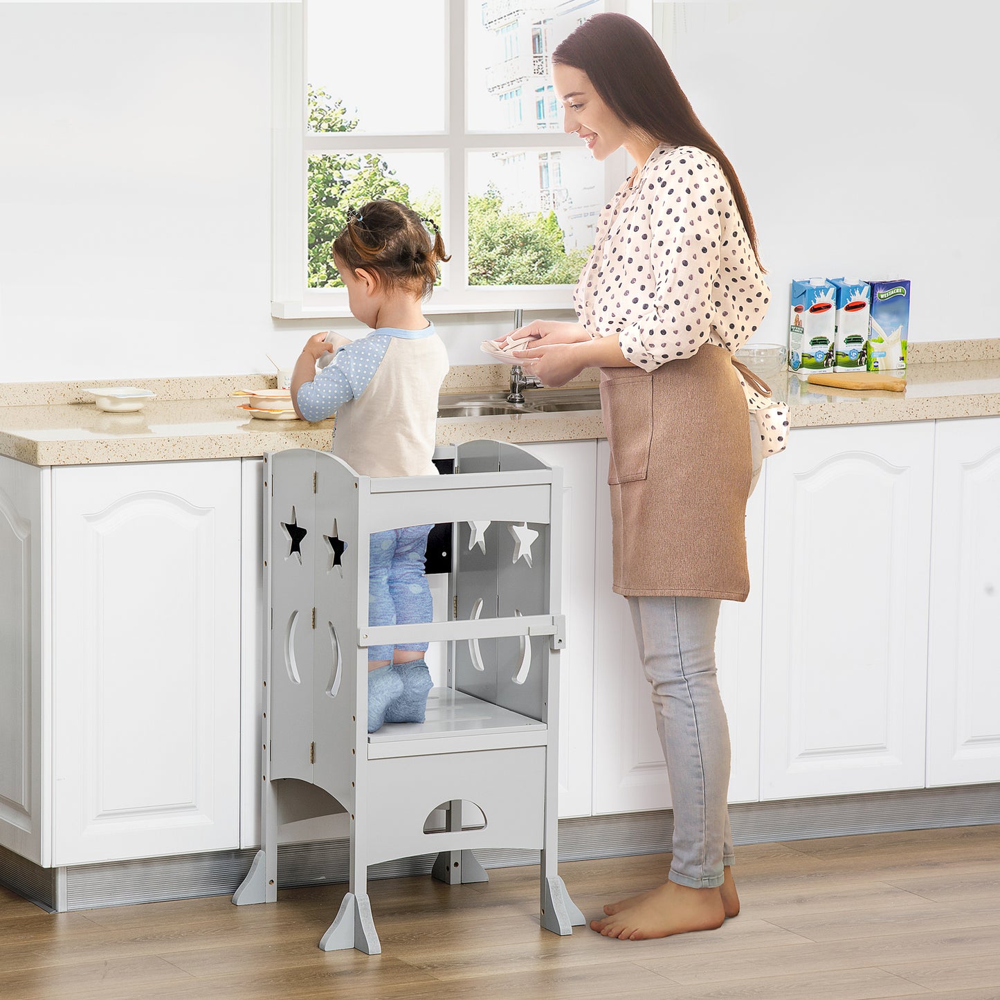 Homcom Kids Step Stool Toddler Kitchen Stool with Blackboard Lockable Handrail for Kids Kitchen Counter Grey