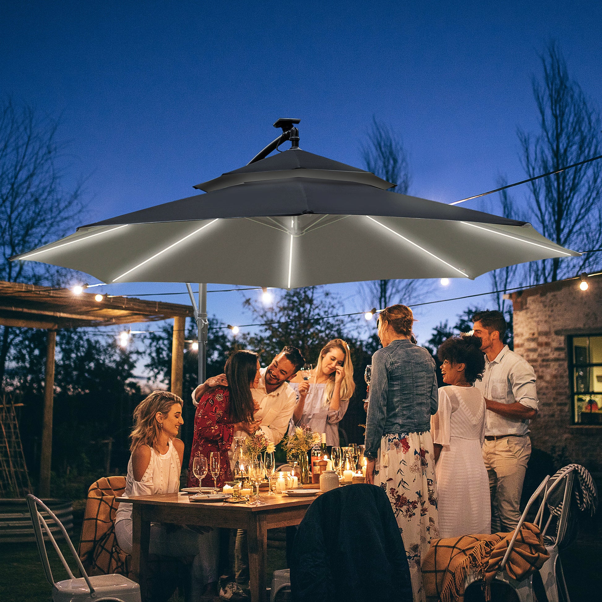 Outsunny 3(m) Cantilever Banana Parasol Hanging Umbrella with LED Solar lights