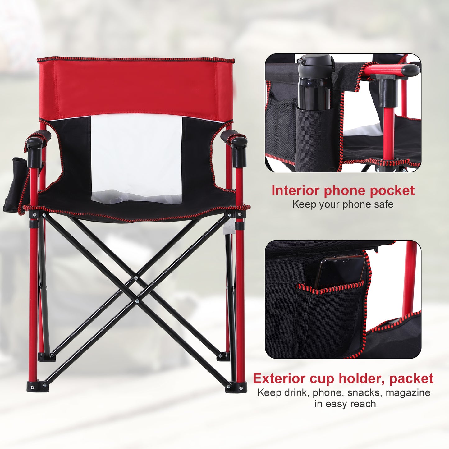 Outsunny Folding Fishing Camping Chair Portable Picnic Armchair Director Seat Oxford Metal Frame with Cup Holder