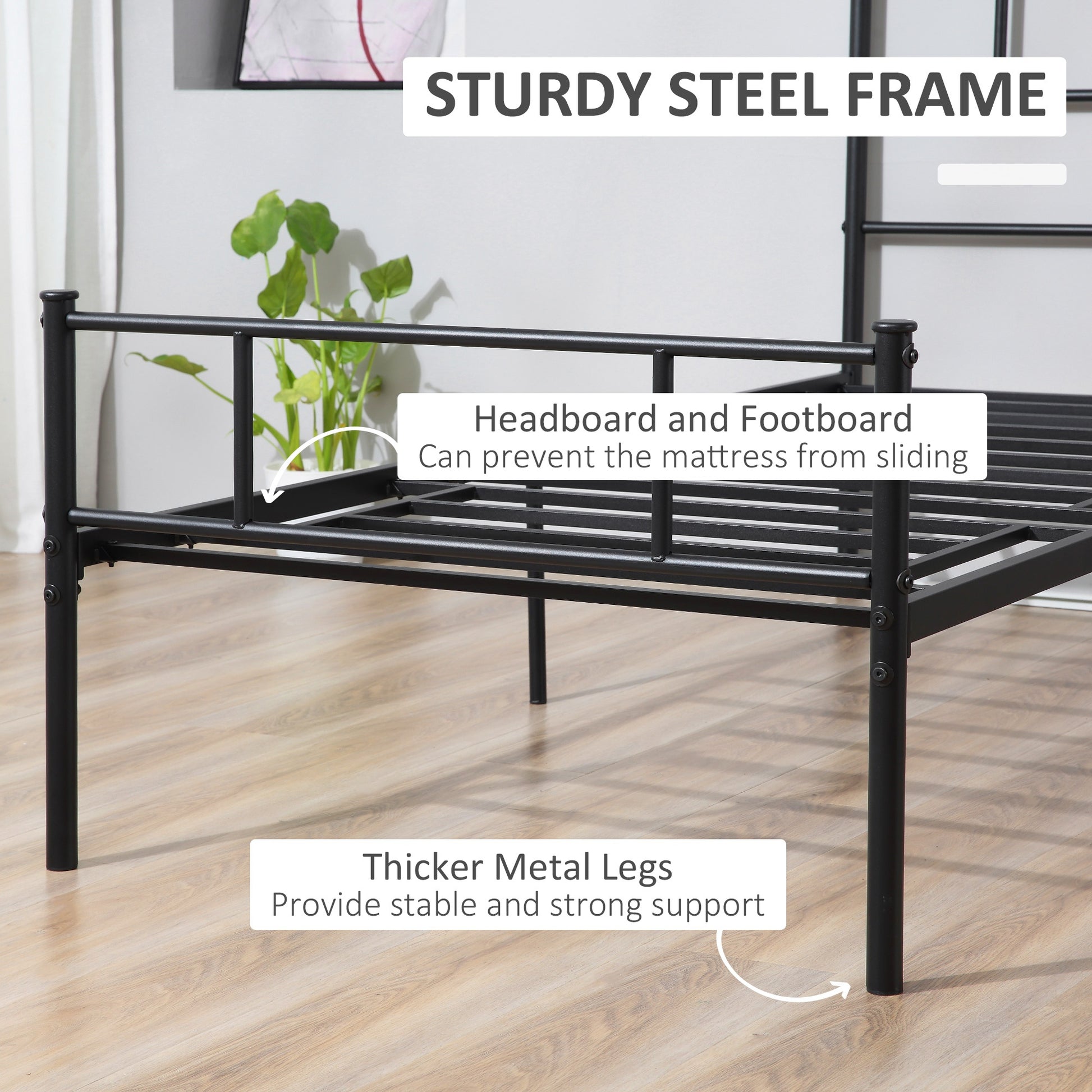 Homcom Single Metal Bed Frame Solid Bedstead Base with Headboard and Footboard