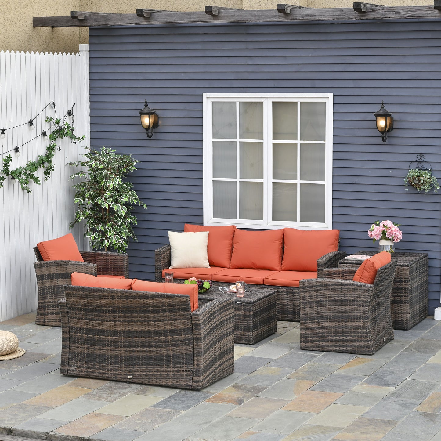 Outsunny 6 Piece Outdoor Rattan Wicker Sofa Set Sectional Patio Conversation Furniture Set w/ Storage Table & Cushion Mixed Brown