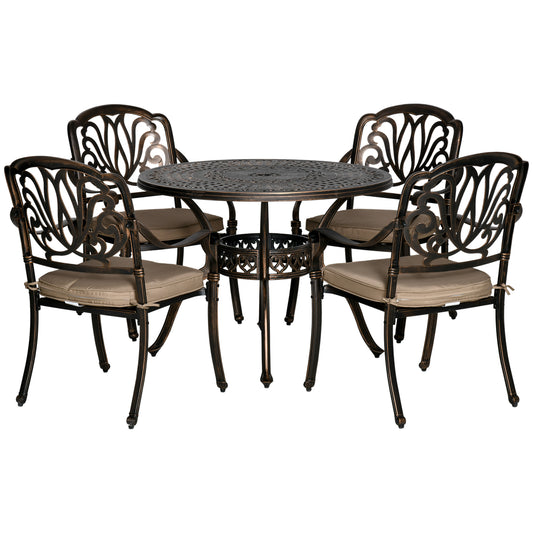 Outsunny 4 Seater Outdoor Dining Set Antique Cast Aluminium Garden Furniture Set with Cushions Round Dining Table with Parasol Hole