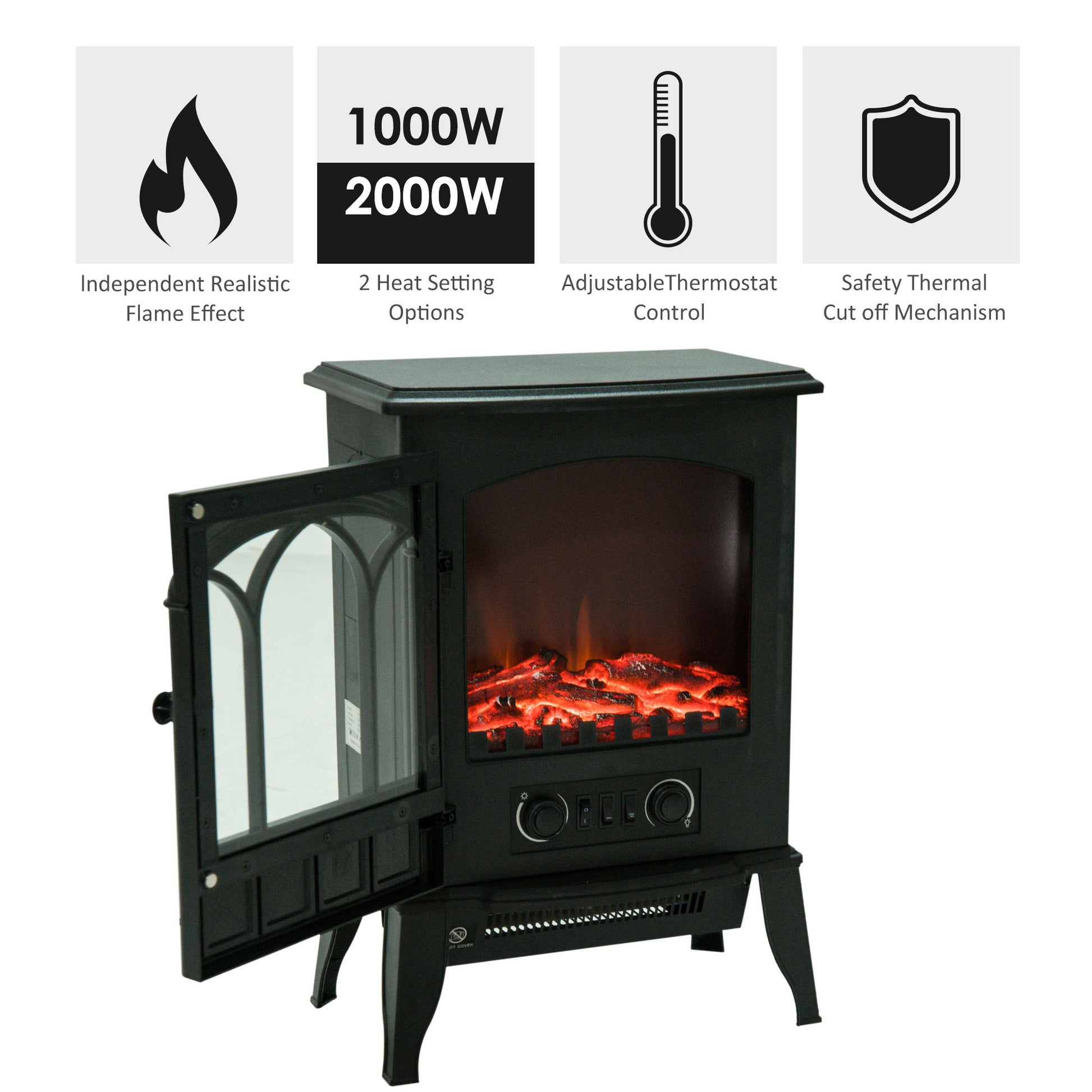 Homcom Electric Fireplace Heater Freestanding Stove with LED Flame Effect 1000W/2000W-Black