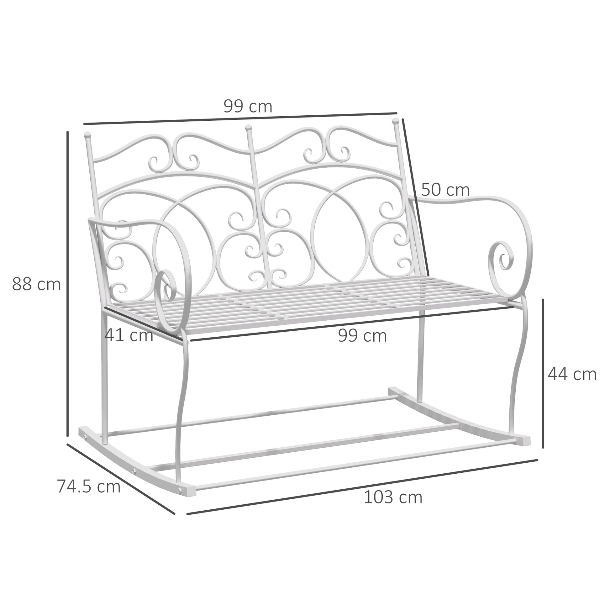 Outsunny Patio 2 Seater Rocking Bench Steel Garden Outdoor Garden Loveseat Chair With Decorative Backrest White