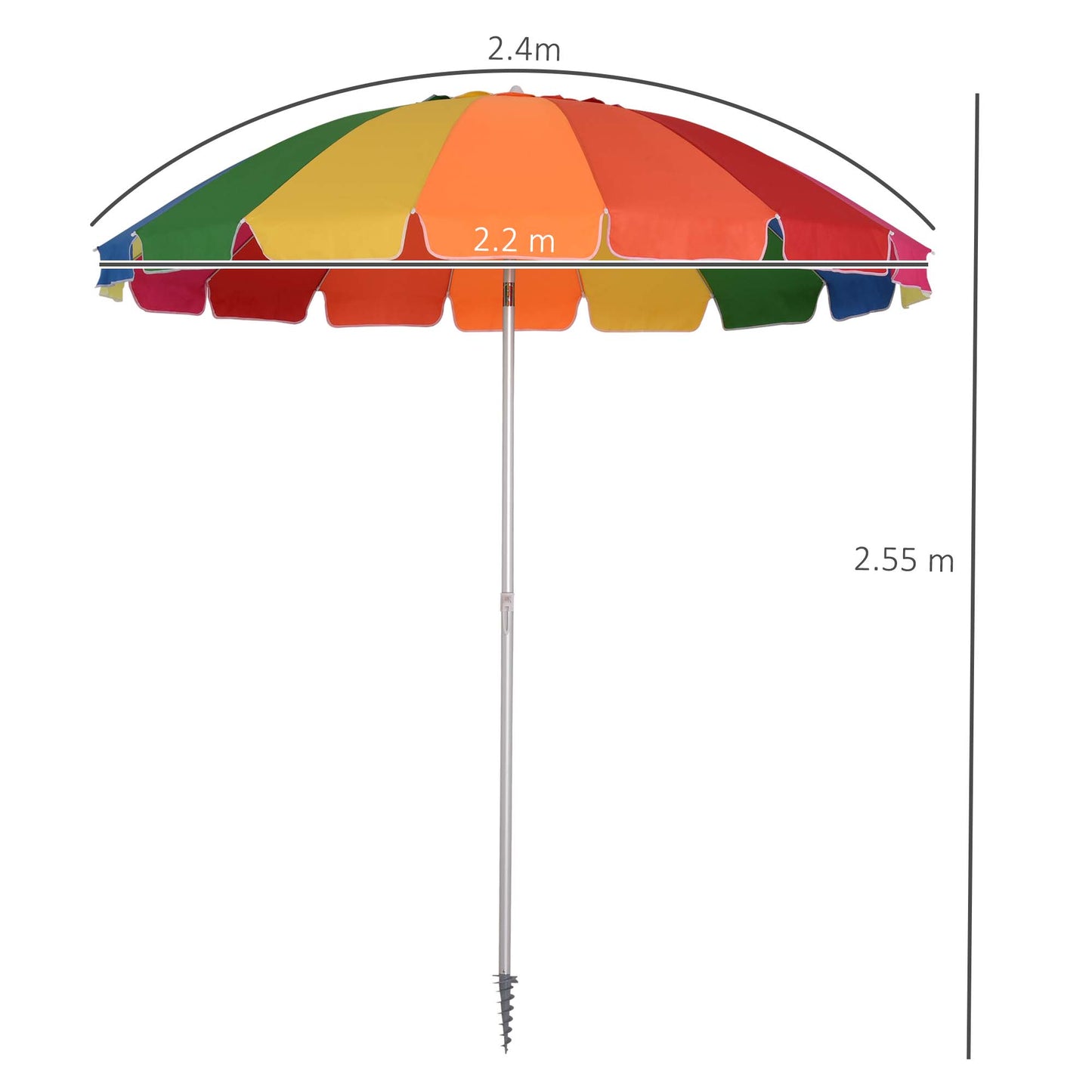 Outsunny Arc. 2.4m Beach Umbrella with Sand Anchor Adjustable Tilt Carry Bag for Outdoor Patio Multicolour