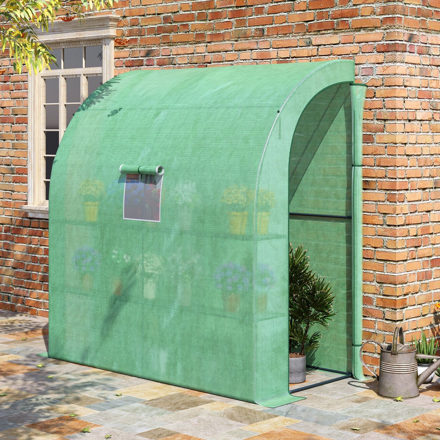 Outsunny Walk-In Lean to Wall Greenhouse with Windows and Doors 2 Tiers 4 Wired Shelves 200L x 100W x 215H cm Green