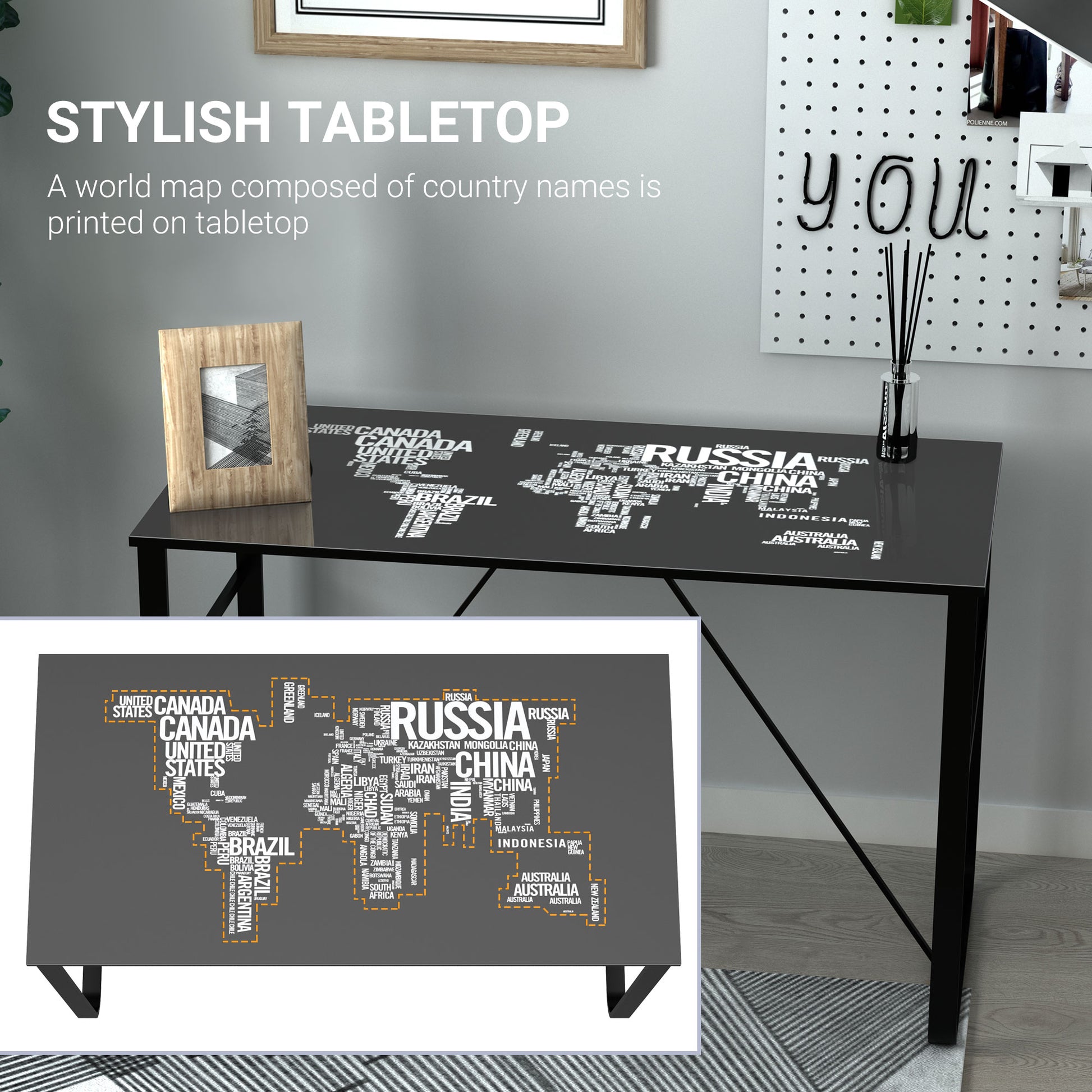 Homcom Tempered Glass Top Writing Desk With World Map Printing