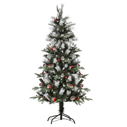 Homcom 5FT Artificial Snow Dipped Christmas Tree Xmas Pencil Tree with Foldable Feet Red Berries White Pinecones