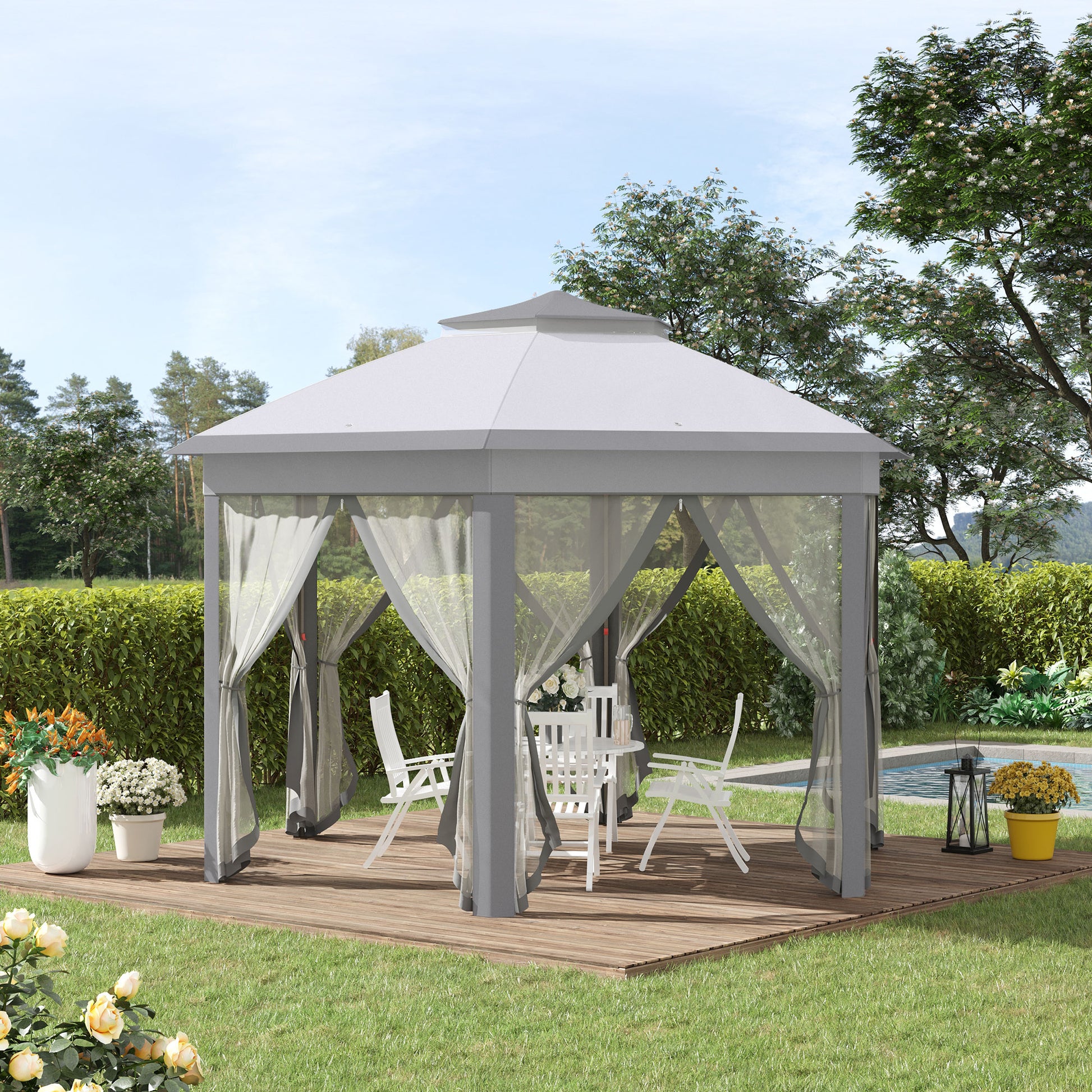 Outsunny Hexagon Patio Gazebo Pop Up Gazebo Outdoor Double Roof Instant Shelter with Netting