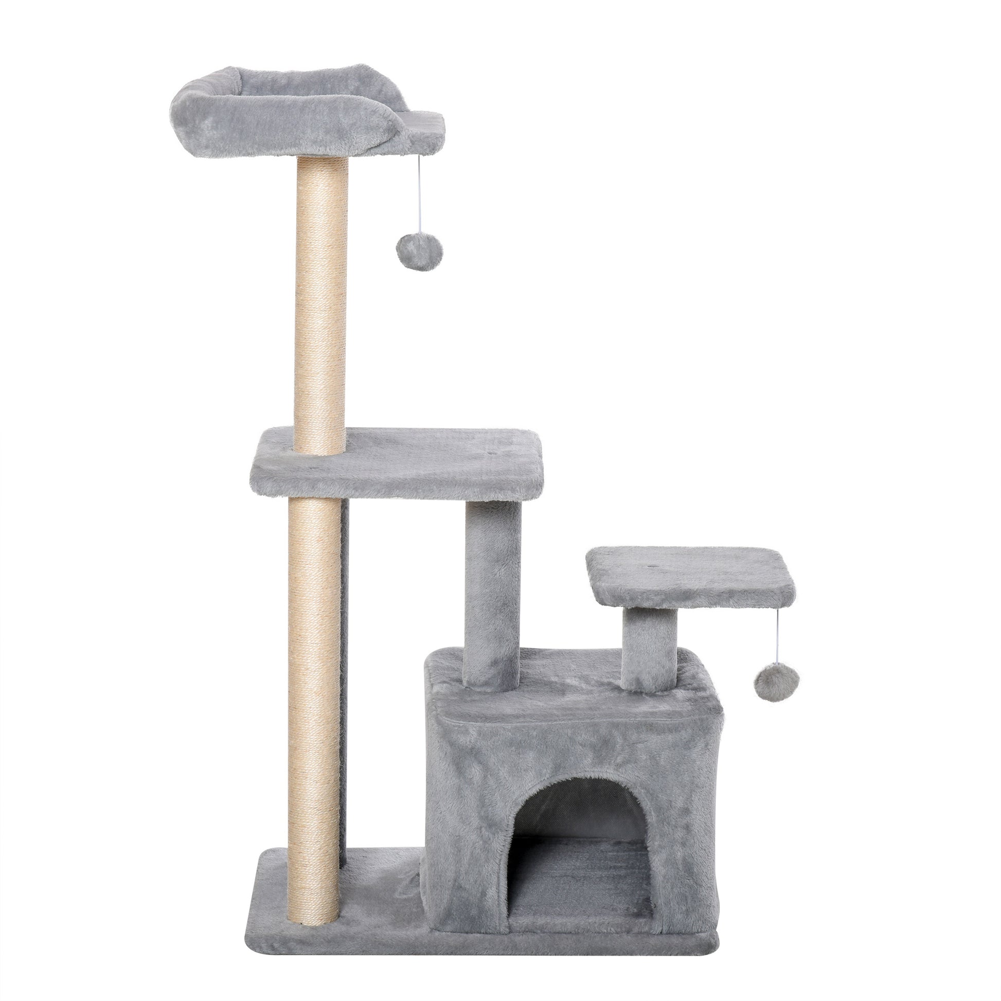 PawHut Cat Tree Tower for Indoor Cats 114cm Climbing Activity Centre Kitten with Sisal Scratching Post Perch Hanging Ball Condo Toy Light Grey