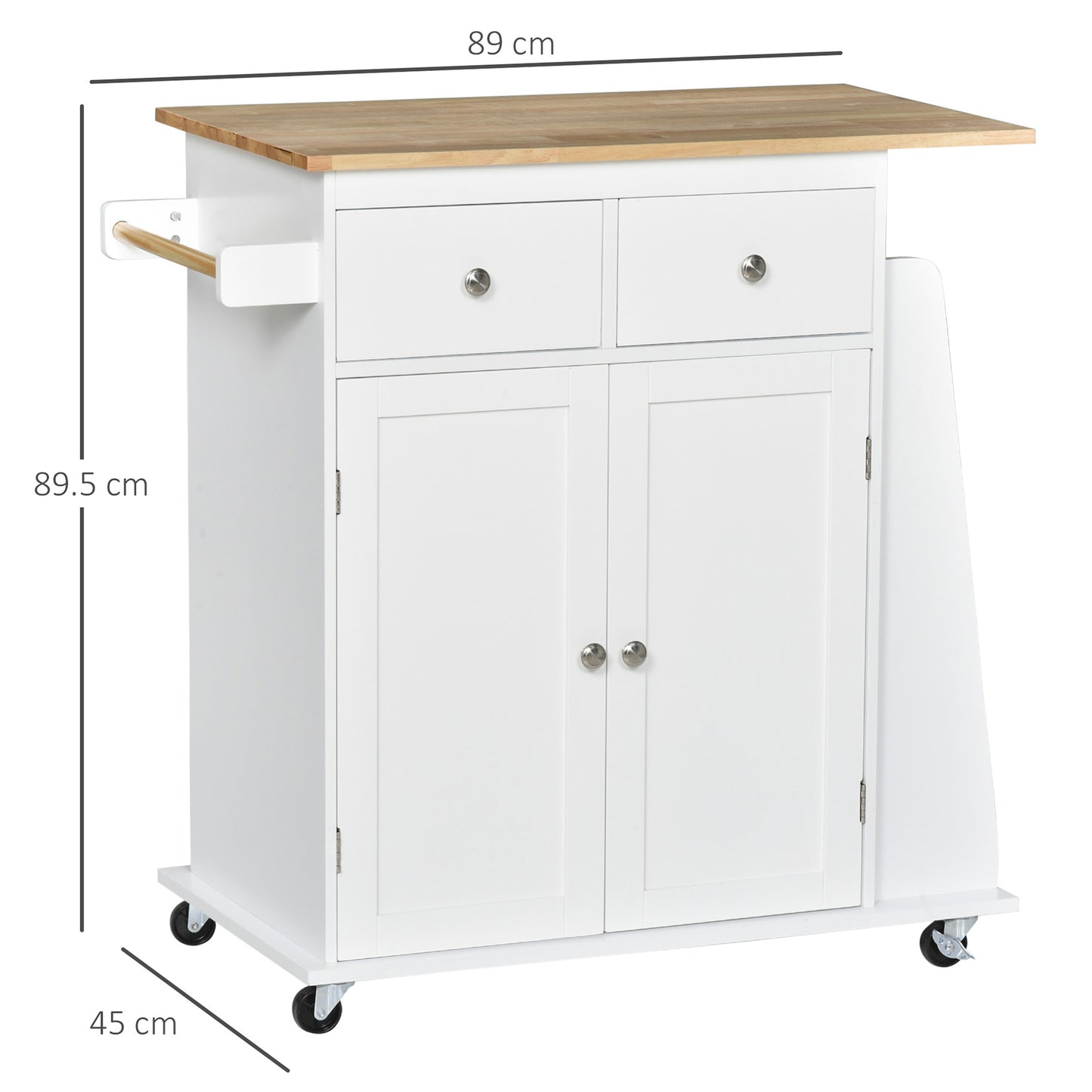 Homcom Kitchen Island Storage Cabinet Rolling Trolley with Rubber Wood Top