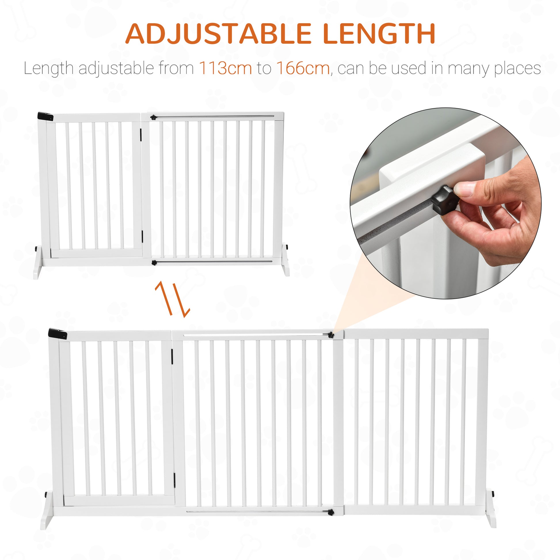 PawHut Freestanding Length Adjustable Wooden Pet Gate with Lockable Door 3 Panels White