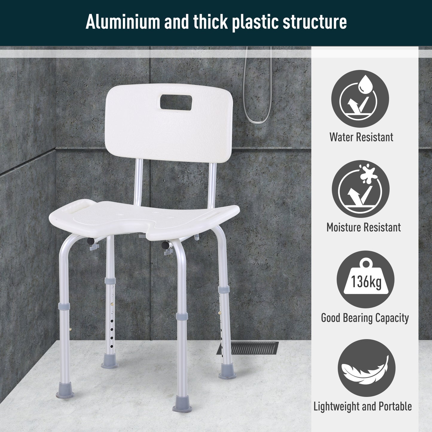 Homcom Aluminium Alloy Adjustable Shower Stool - White