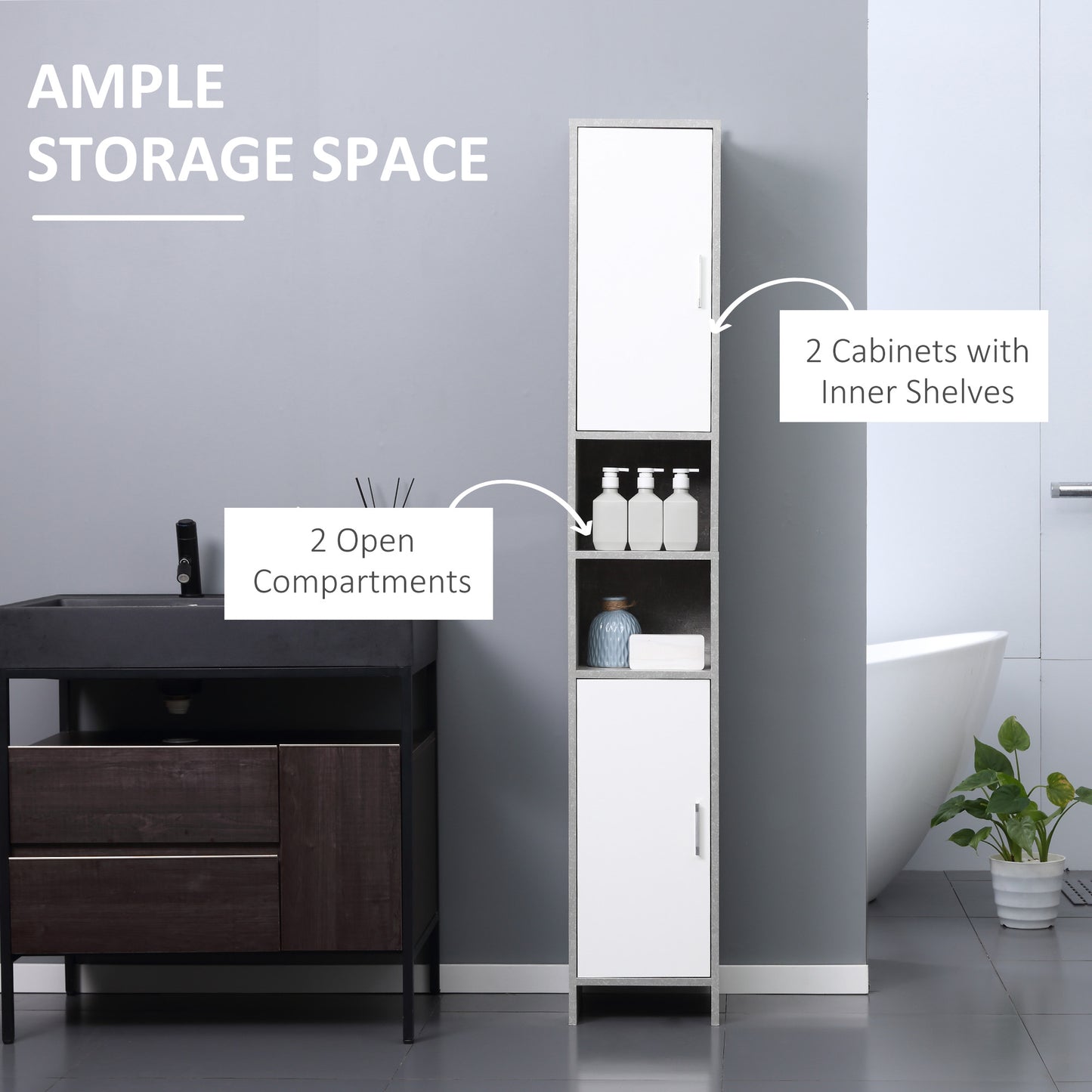 kleankin Free-standing Tall Bathroom Storage Cabinet w/ 2 Cupboards 2 Open Compartments