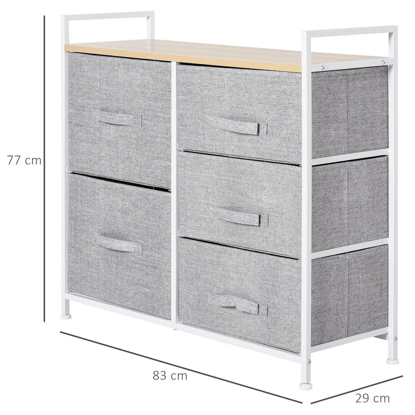 Homcom 5 Drawer Linen Basket Storage Unit Home Organisation w/ Shelf Handles Metal Frame Adjustable Feet Hallway Home Dresser Grey