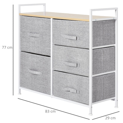 Homcom 5 Drawer Linen Basket Storage Unit Home Organisation w/ Shelf Handles Metal Frame Adjustable Feet Hallway Home Dresser Grey