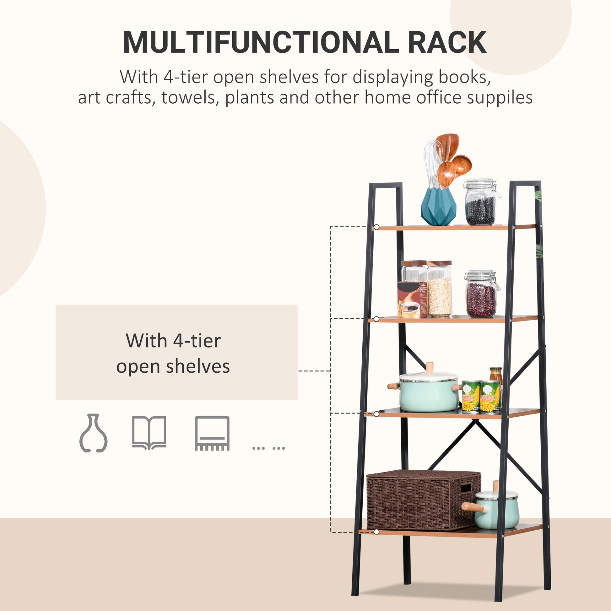 Homcom Four-Tier Metal Frame Minimal Shelving Unit - Wood-Effect