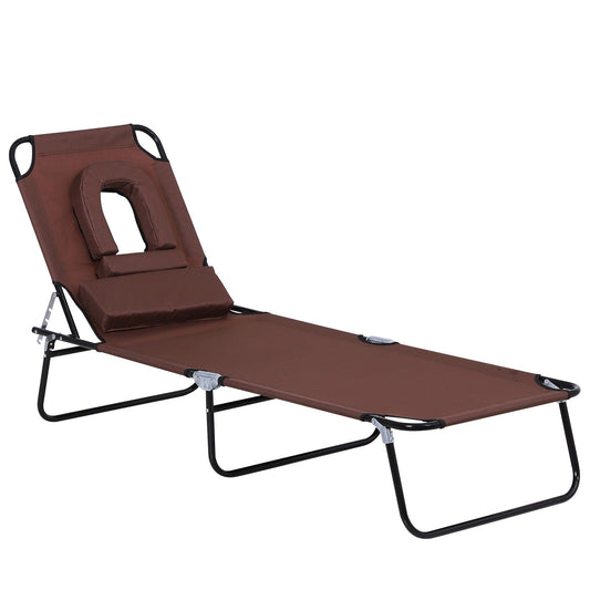 Sun Lounger Foldable Reclining Chair with Pillow and Reading Hole Garden Beach Outdoor Recliner Adjustable Brown-0