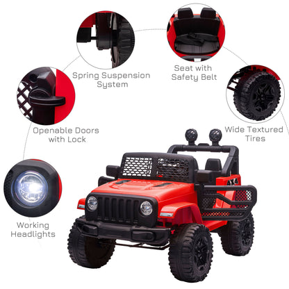 Homcom 12V Battery-powered 2 Motors Kids Electric Ride On Car Truck Off-road Toy with Parental Remote Control Horn Lights Suspension Wheels for 3-6 Years Old Red