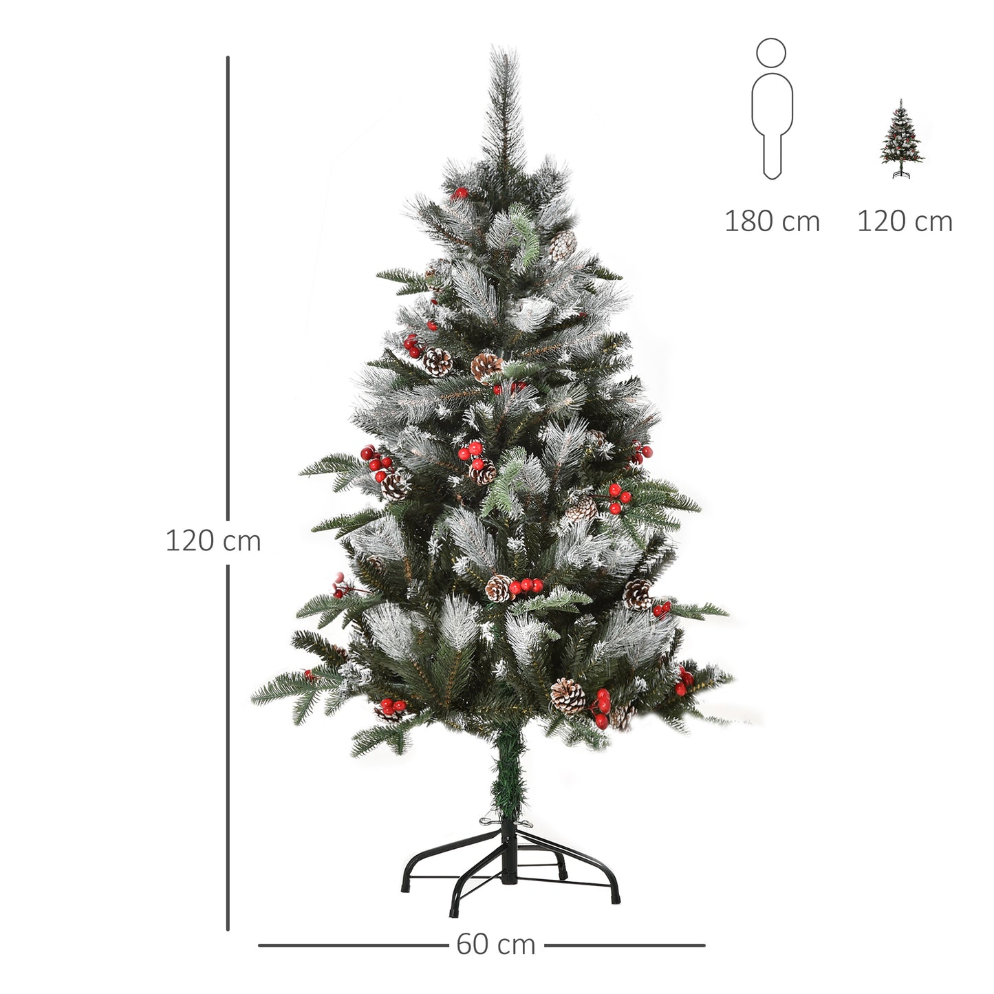 Homcom 4FT Artificial Snow Dipped Christmas Tree Xmas Pencil Tree with Foldable Feet Red Berries White Pinecones