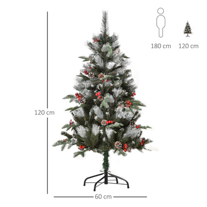 Homcom 4FT Artificial Snow Dipped Christmas Tree Xmas Pencil Tree with Foldable Feet Red Berries White Pinecones