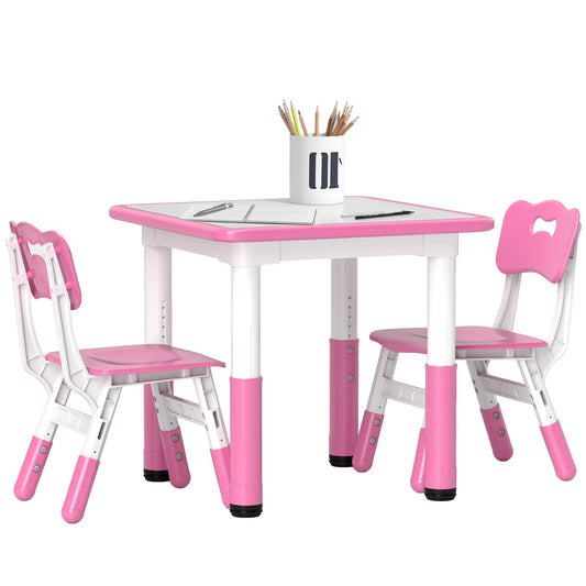 Height Adjustable Toddler Table and Chair Set, 3 Pcs Children Activity Table w/ 2 Chairs, for Playroom, Bedroom - Pink-0