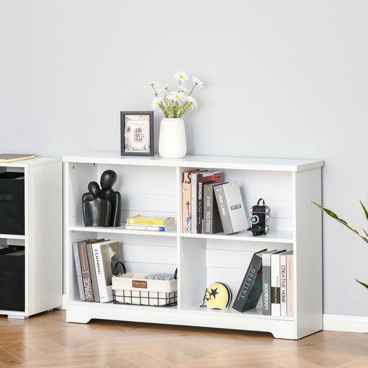 Homcom Simple Modern 4-Compartment Low Bookcase 2-Tier w/ Moving Shelves Cube Display Storage Unit Home Office Living Room Furniture White